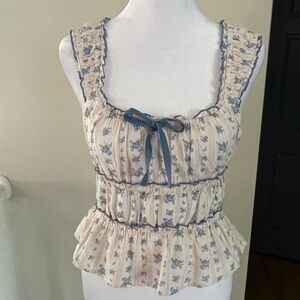 Sim & Sam Floral Ruffle Cropped Linen Blend Blouse - Cream and Blue